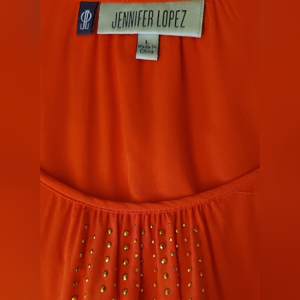 Jennifer Lopez Orange Blouse Gold Studded Detail 3/4 Cold Shoulder Sleeve Size L - Picture 4 of 9